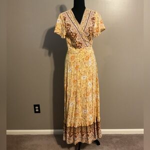 Elegant Floral Wrap Maxi Dress - Yellow and Brown